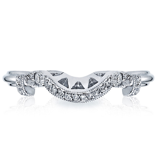 Simply Tacori HT2299B 18 karat white gold curved wedding band, small diamonds and milgrain along dip, shown front upright