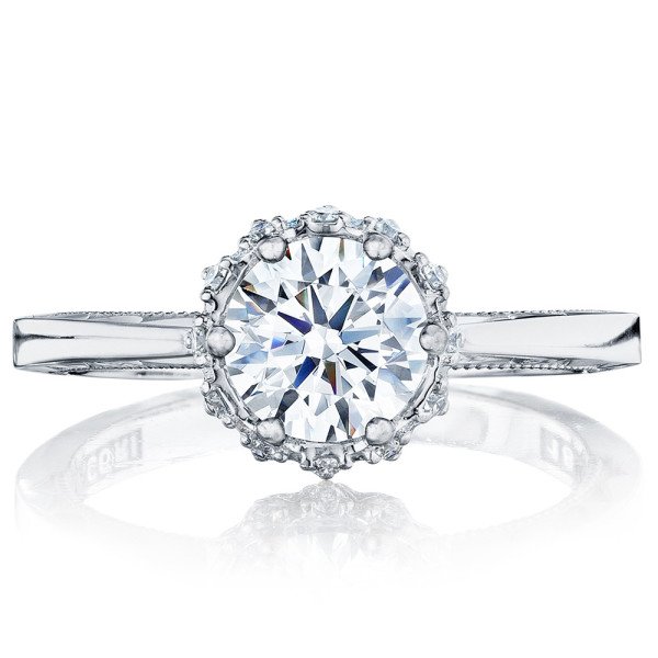 Tacori Sculpted Crescent 59-2RD65 platinum engagement ring, round center stone in small ornate halo, plain tapered band, front upright