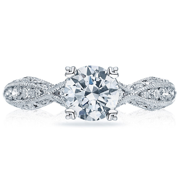 Tacori Classic Crescent 2578RD6512 platinum engagement ring, round center on twisted diamond accented band, front upright