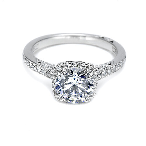 Tacori Dantela 2620RDMNP platinum engagement ring, round center stone in cushion-shaped halo, pave band, front upright