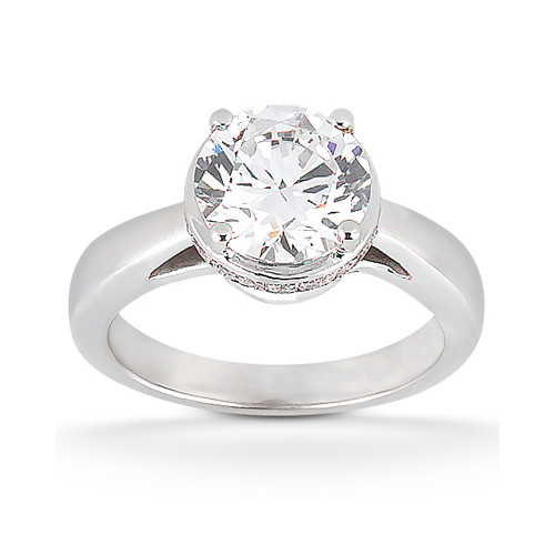 Taryn Collection ENR6063 14 karat diamond engagement ring, front view of a round center on a collar rimmed with tiny hidden stones above a wide shank