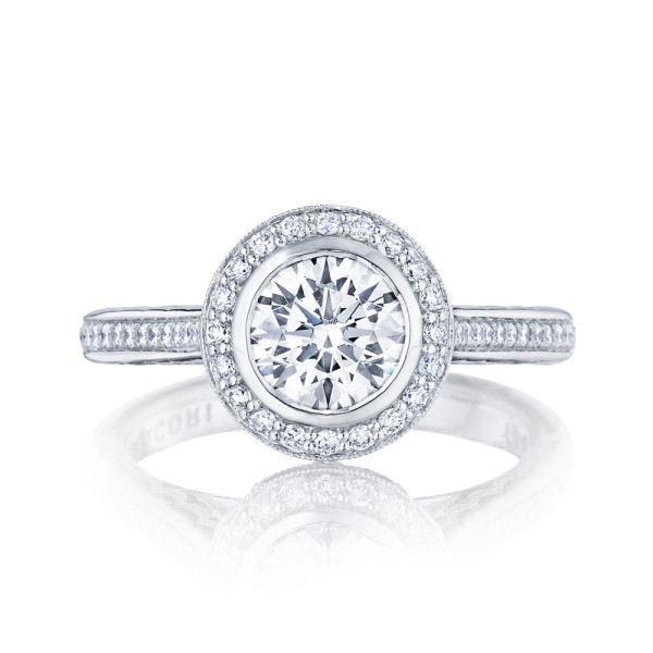 Tacori 306-25RD65 platinum engagement ring, bezel-set round center in pave halo with pave band, shown front upright