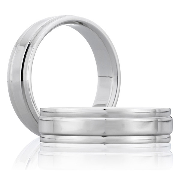 A.JAFFE BR4626-6/PL Platinum wedding ring, two views staged together showing a broad polished center rail set between narrow grooved borders