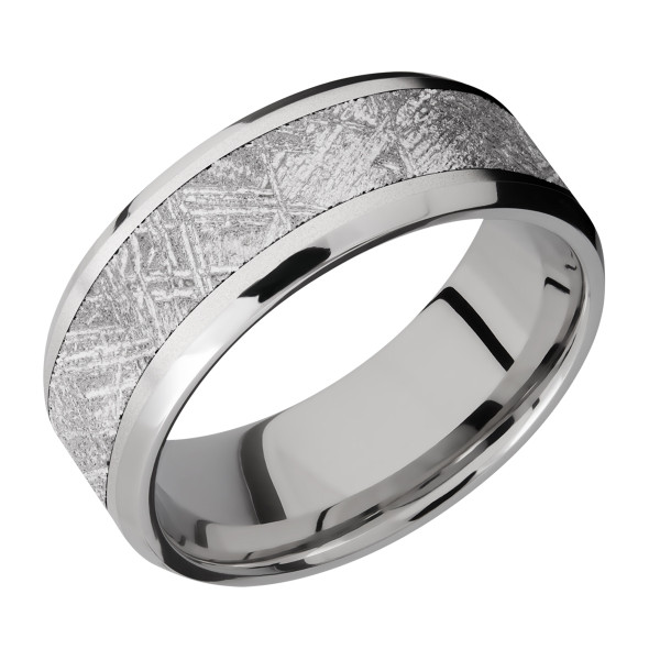 Lashbrook CC8B15(NS)/METEORITE cobalt chrome wedding band, angled view of a crosshatched meteorite center inlay between bead blasted shoulders and polished rims