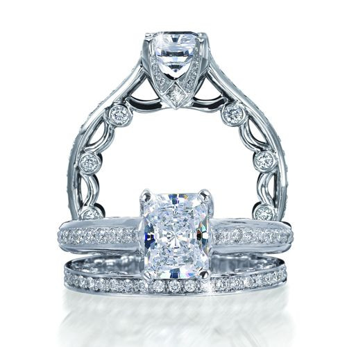 Verragio PAR-3017E 14k engagement ring, shown with matching band, front view of the rectangular centre plus profile of the bezel accented scrollwork shank