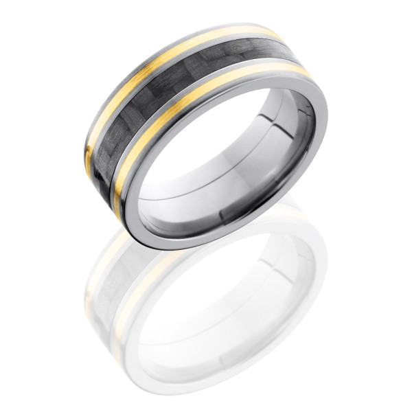 Lashbrook C8F1321-CF14KY titanium and carbon fiber wedding band, angled view of a woven carbon fiber center strip framed by twin yellow gold stripes on satin rails