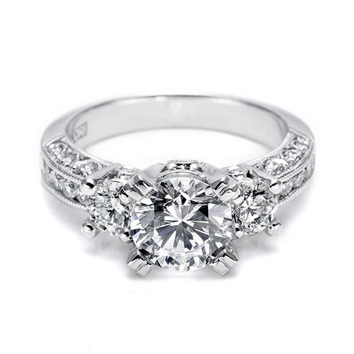 Tacori Crescent HT2326Sm platinum three-stone engagement ring, round center stone, milgrain pave shank, front upright