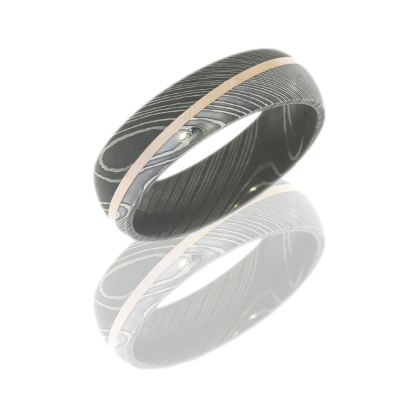 Lashbrook D7D11ANGLE-14KR damascus steel wedding band, angled view of a domed acid etched swirling pattern crossed by a single diagonal rose gold stripe