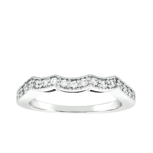 Taryn Collection ENS4085B platinum wedding band, front view of a curved contour row of pave with scalloped milgrain along the top edge