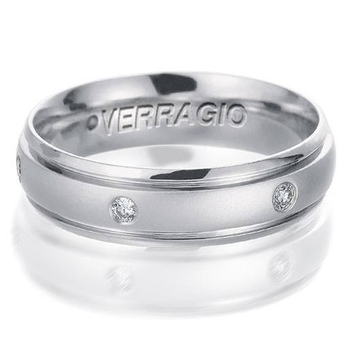 Verragio VWD-6913 Platinum men's wedding band, angled view of the satin centre with flush set rounds between polished stepped edges