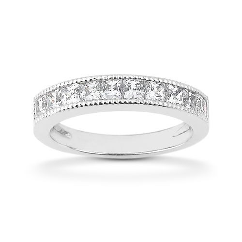 Taryn Collection WB5257 18 karat diamond band, front view of square stones set edge to edge within milgrain trimmed rails halfway around
