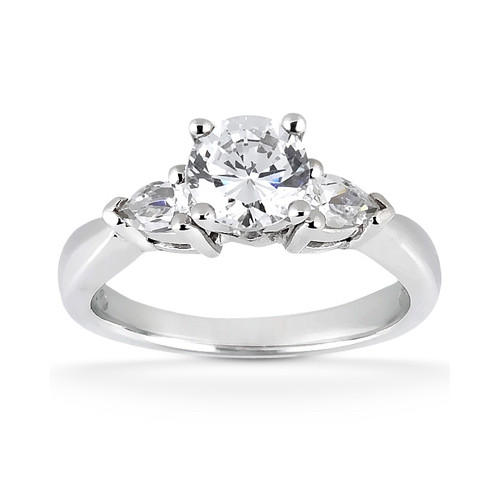 Taryn Collection ENR1602 platinum diamond engagement ring, front view of a round center flanked by two pear stones on a plain tapered shank