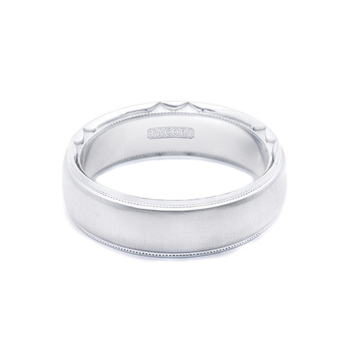 Tacori Crescent 617 platinum brushed wedding band with milgrain border lines, shown front upright