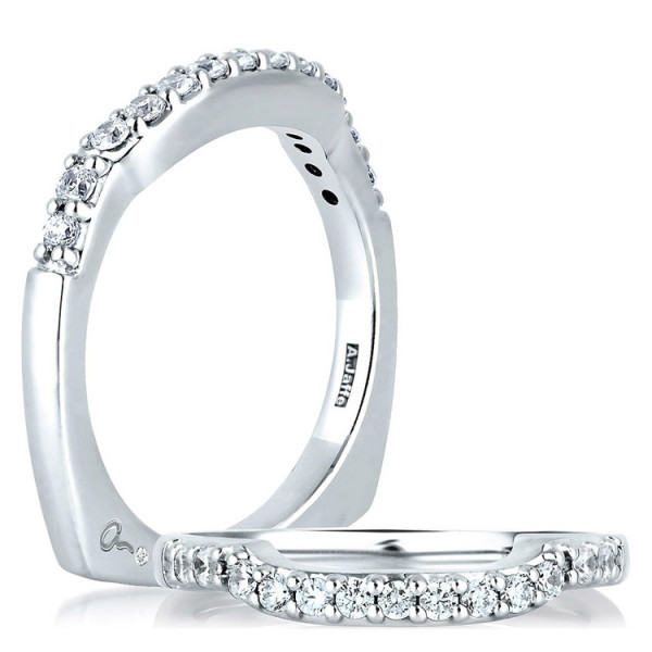 A.JAFFE MRS126/22 14 Karat diamond wedding ring, upright and lying views of a curved rail with prong set rounds following the gentle arc