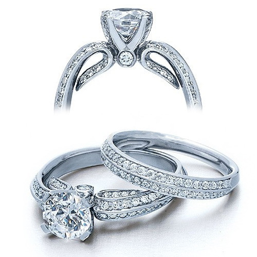 Verragio ENG-0323 Platinum engagement ring, angled view above, shown with matching pave band in the lower pairing