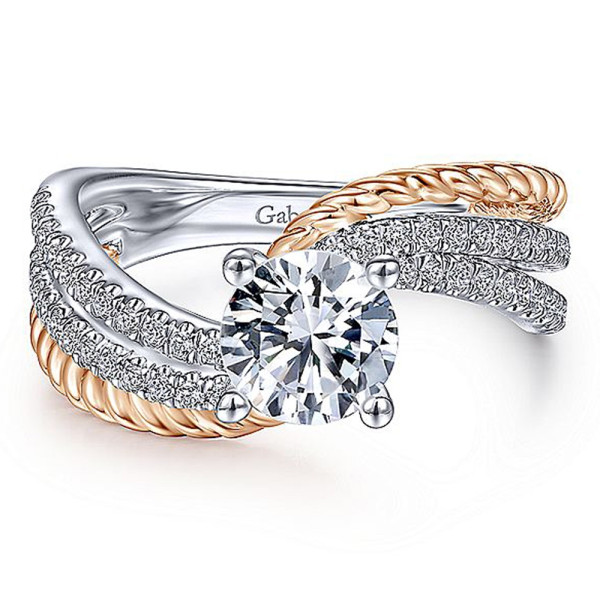 Gabriel & Co. ER14468R4T44JJ two-tone 14 karat gold engagement ring, front view of the round center tilted between bead tipped prongs, twisted rope and pave rails