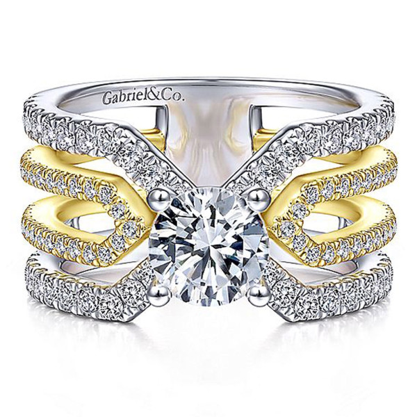 Gabriel & Co. ER14645R4M44JJ two-tone 14 karat gold engagement ring, front view of a round center held by ball prongs where pave rails meet in points