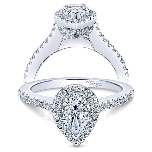Taryn TE5828W44JJ 14 karat white gold engagement ring, front and profile views of a pear center in a snug pave halo above a pave collar