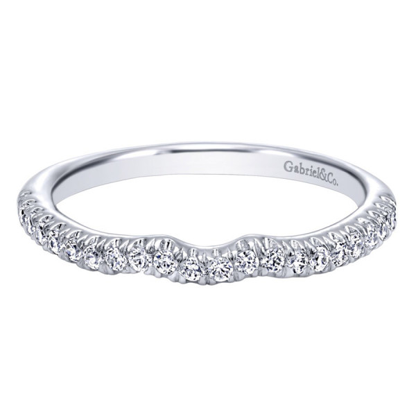 Gabriel & Co. WB10150W44JJ 14 karat white gold Contemporary wedding band, front view of a slim single row dipping to a shallow notch at the center
