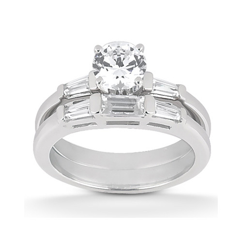 Taryn Collection ENS102A platinum diamond engagement ring, front view of the round center between tapered baguettes, shown with a matching band alongside