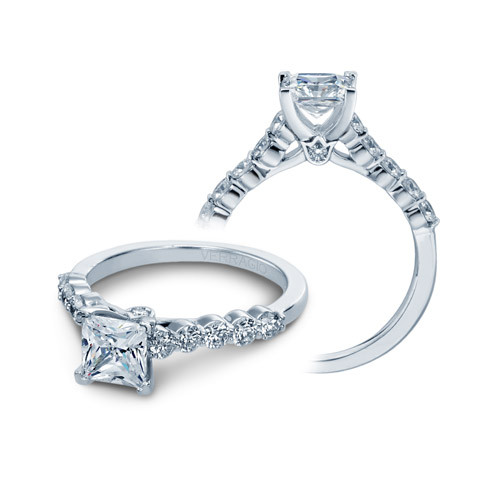 Verragio ENG-0410 S P engagement ring, two angled views of princess cut centre above a row of shared prong rounds