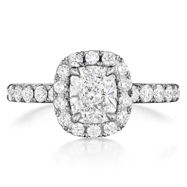 Henri Daussi AHWS white gold diamond engagement ring, front view of a squared cushion gripped by slim claws inside a halo of chunky rounds