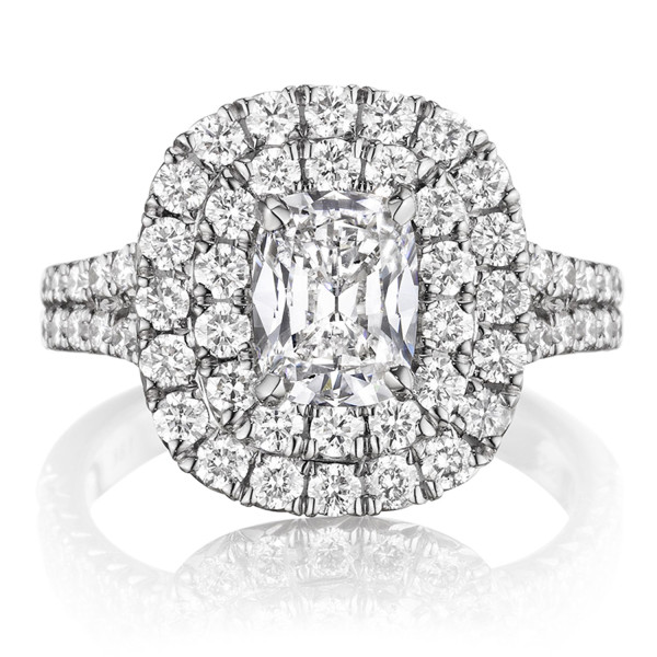 Henri Daussi AQS white gold diamond engagement ring, front view of two bold rows of rounds framing a cushion center over a two row shank