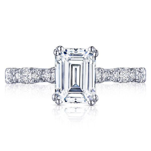 Tacori Petite Crescent HT2559EC8X6 platinum engagement ring, emerald cut center with diamond accented band, shown front upright