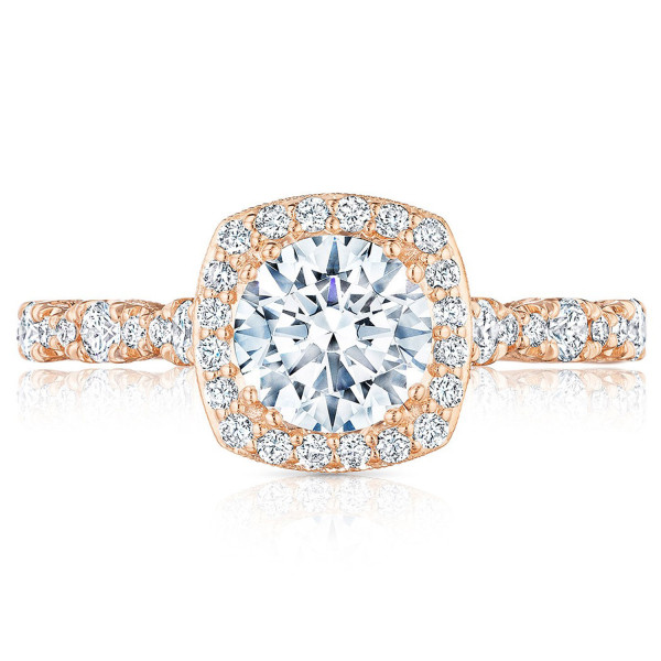 Tacori Petite Crescent HT2560CU65PK 18 karat rose gold halo engagement ring, round center with diamond accented band, front upright