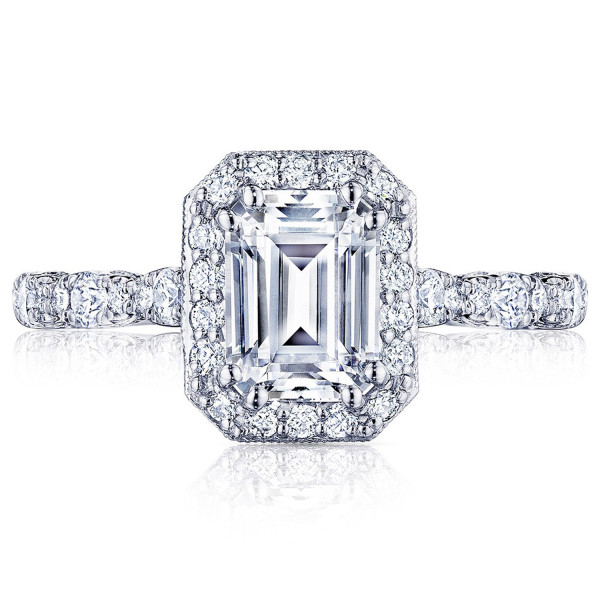 Tacori Petite Crescent HT2560EC75X55 18 karat white gold halo engagement ring, emerald cut center with diamond accented band, front upright
