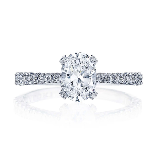 Tacori Petite Crescent HT2578OV75X55 platinum engagement ring with oval center stone and pave diamond band, front upright view