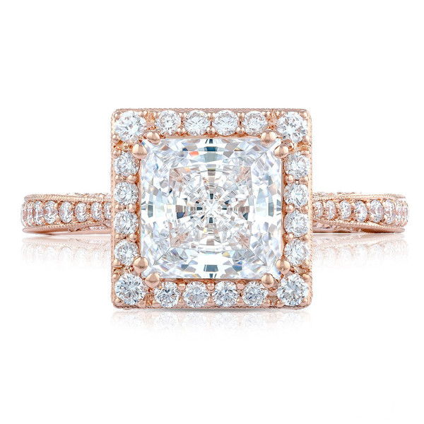 Tacori RoyalT HT2652PR7PK 18 karat rose gold halo engagement ring with princess cut center stone and pave band, front upright