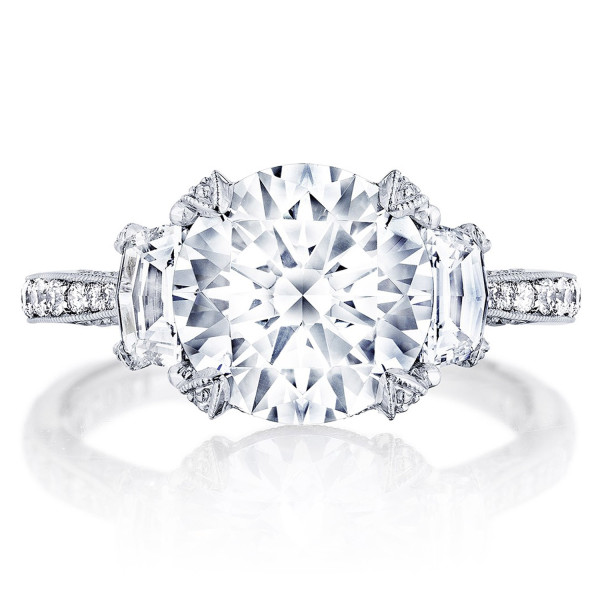 Tacori RoyalT HT2656RD95 18 karat white gold three-stone engagement ring, round center, trapezoid side stones, pave band, front upright