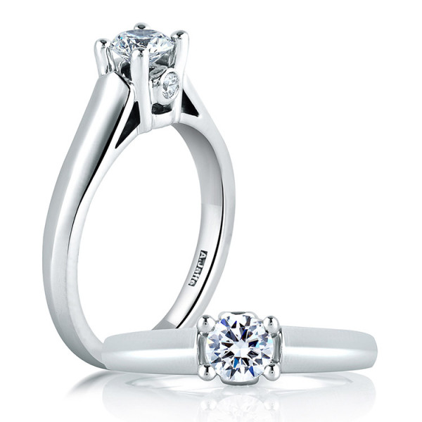 A.JAFFE ME1256/04 Platinum engagement ring, upright and lying views of a slender tapered shank with a bezel accent beneath the center
