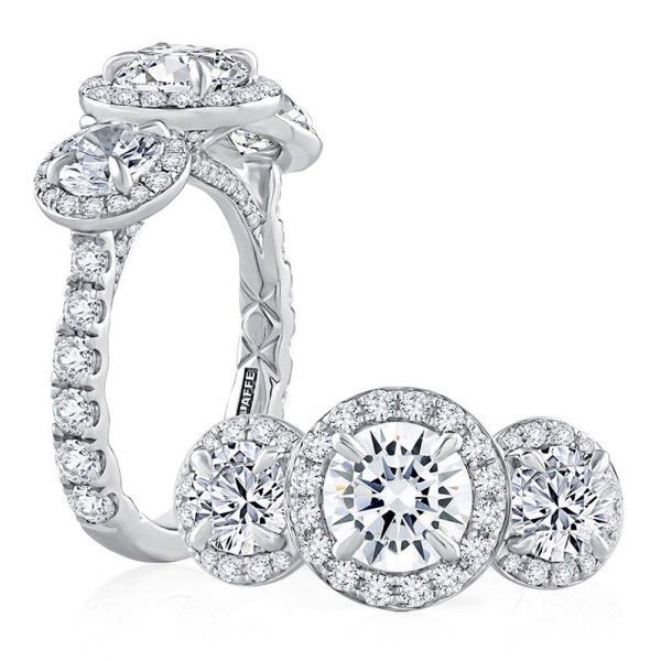A.JAFFE MECXRD2393Q/299 14 Karat engagement ring, two views of a haloed center flanked by two smaller haloed rounds on pave shoulders