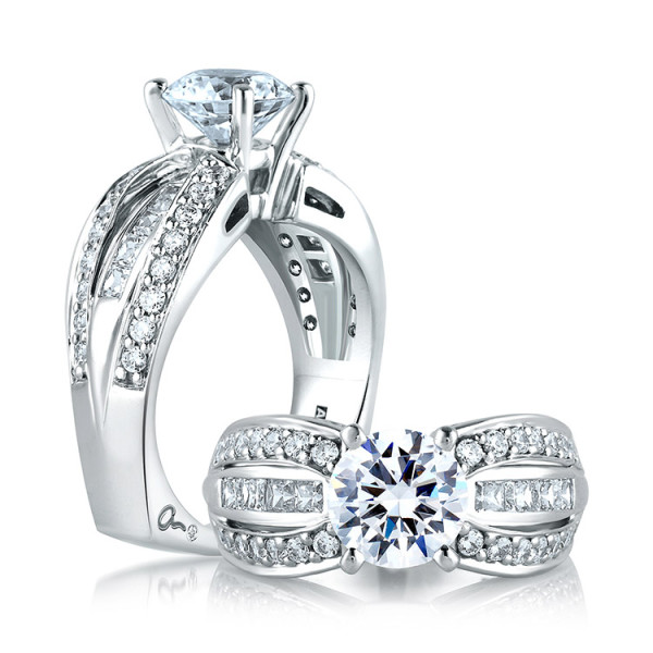 A.JAFFE MES045/88 Platinum engagement ring, two views of wide shoulders with square cut center rails between pave rows
