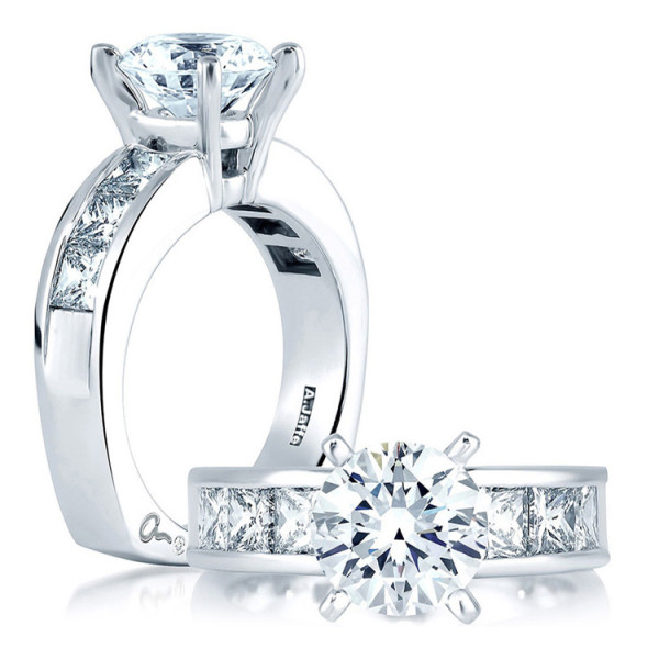 A.JAFFE MES161/148 Platinum engagement ring, angled and front views of channel set square stones along a wide flat shank