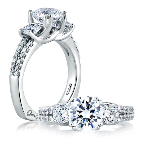 A.JAFFE MES278/236 18 Karat engagement ring, two views of a round center between two round sides above double pave rows