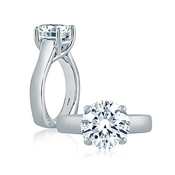 A.JAFFE MES515/200 14 Karat engagement ring, two views of a wide polished shank tapering to a four prong head with an open trellis gallery
