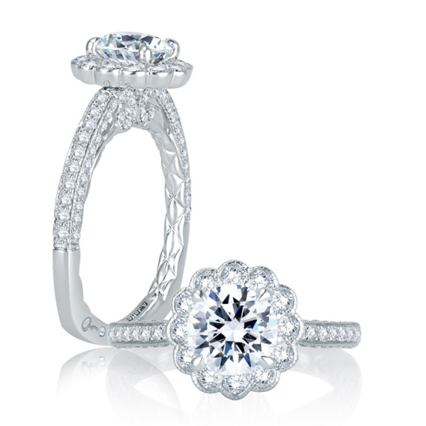A.JAFFE MES757Q/175 Platinum engagement ring, standing and front views of a round center inside a scalloped petal halo over double pave rows