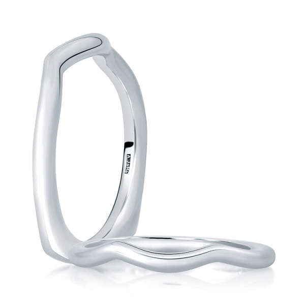 A.JAFFE MRS463/PL 18 Karat wedding ring, angled view of a polished wave contour and a matching band, smooth rounded surfaces without stones