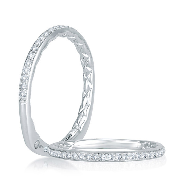 A.JAFFE MRS771Q/13 Platinum diamond wedding ring, angled view of a slim milgrain trimmed stone row above tightly quilted inner engraving