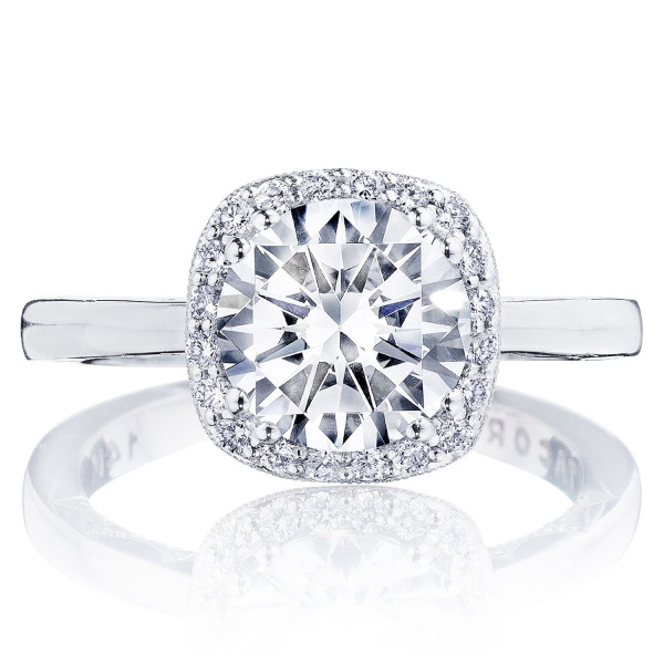 Tacori Coastal Crescent P1012CU8FW 14 karat white gold engagement ring with round center diamond in cushion shaped halo, front upright