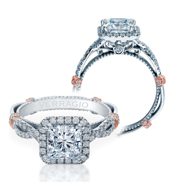 Verragio Parisian-DL106P engagement ring, front and profile views showing square halo, twisted pave shank and rose gold accents