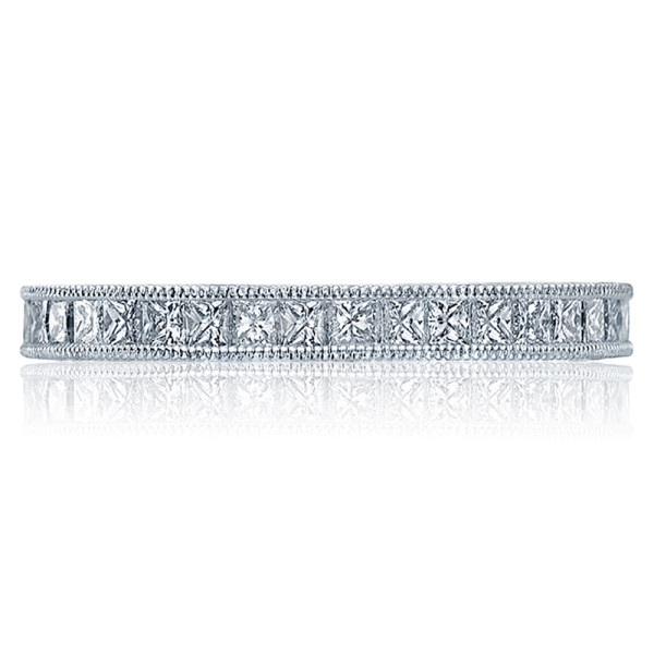 Tacori Crescent Silhouette HT2510PRB 18 karat white gold band channel set with square princess cut diamonds, milgrain edges, front view