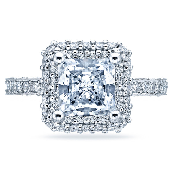 Tacori Crescent HT2522PR75 18 karat white gold engagement ring, princess-cut center in double square halo with pave band, front upright