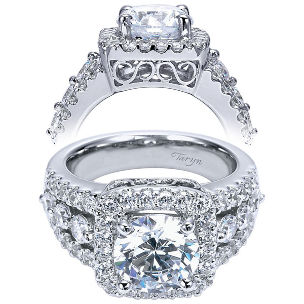 Taryn TE5507W44JJ 14 karat white gold engagement ring, front and profile views of a round center in a cushion halo above graduated rounds and scroll gallery