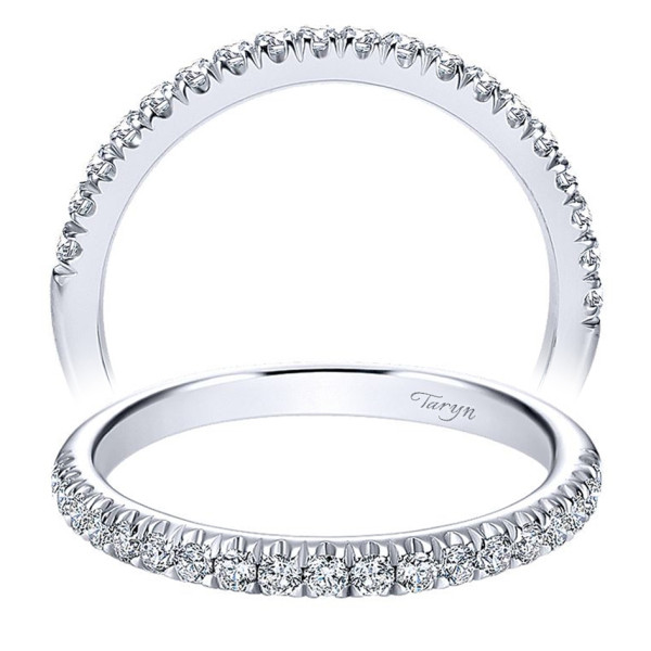 Taryn TW12781W44JJ 14 karat white gold wedding band, angled view of round stones held by V shaped prongs in one row along the shank