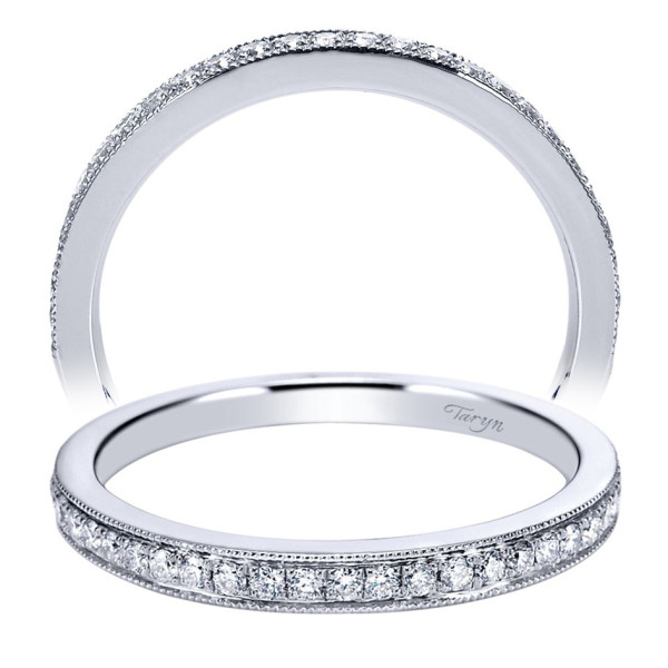 Taryn TW7279W44JJ 14 karat white gold wedding band, standing and tilted views, milgrain edged bead set row sitting along one side of the rim