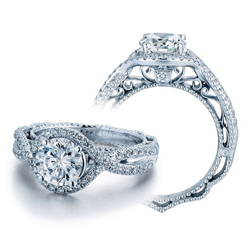 Verragio Venetian-5026 14 Karat engagement ring, profile and angled views showing filigree under-gallery and twisted pave framing the round centre